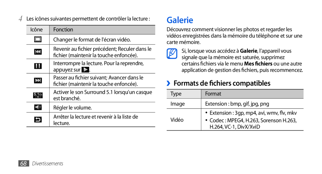 Samsung GT-I9000HKDBOG, GT-I9000HKYXEF, GT-I9000HKYNRJ, GT-I9000HKDFTM manual Galerie, ››Formats de fichiers compatibles 