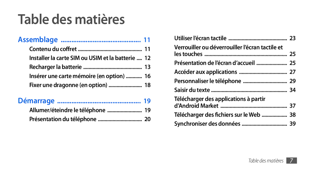 Samsung GT-I9000HKYFTM, GT-I9000HKYXEF, GT-I9000HKYNRJ manual Table des matières, Télécharger des applications à partir 