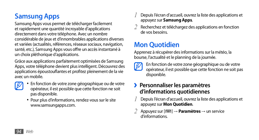 Samsung GT-I9000HAKSFR manual Samsung Apps, Mon Quotidien, ››Personnaliser les paramètres d’informations quotidiennes 