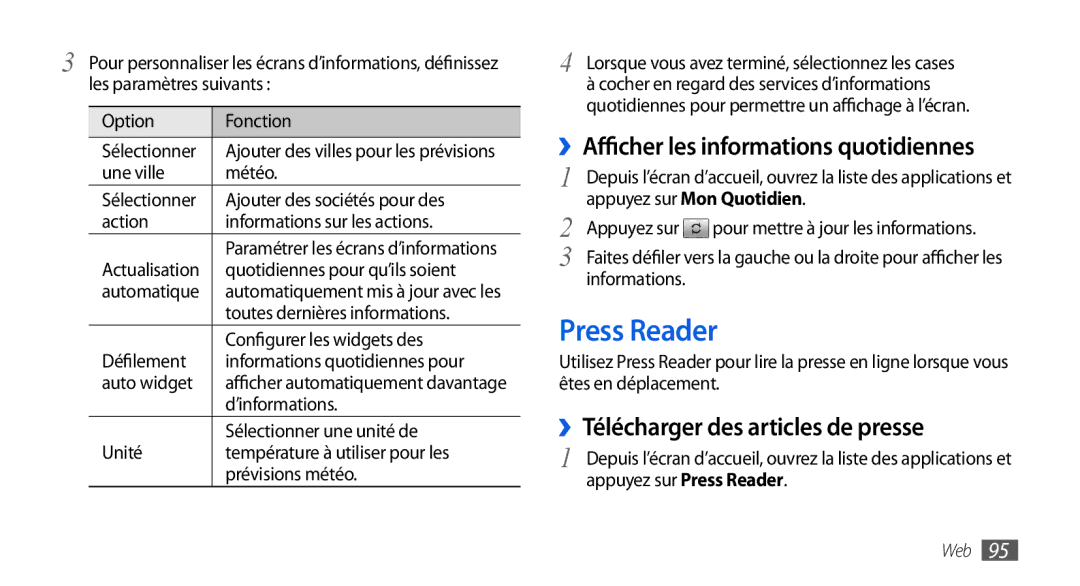 Samsung GT-I9000HKDXEF manual Press Reader, ››Afficher les informations quotidiennes, ››Télécharger des articles de presse 