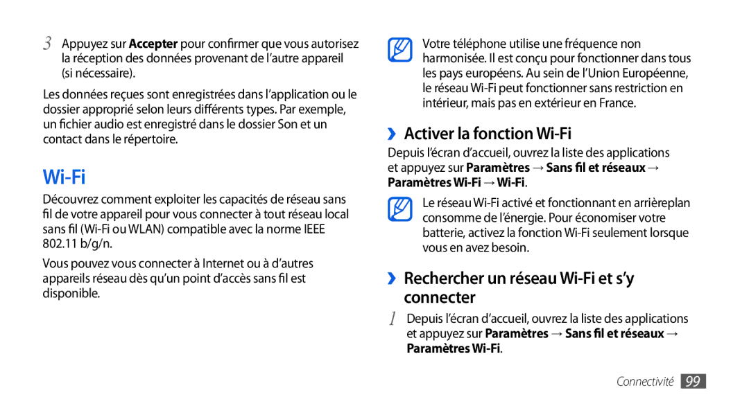 Samsung GT-I9000RWYSFR, GT-I9000HKYXEF manual ››Activer la fonction Wi-Fi, ››Rechercher un réseau Wi-Fi et s’y connecter 