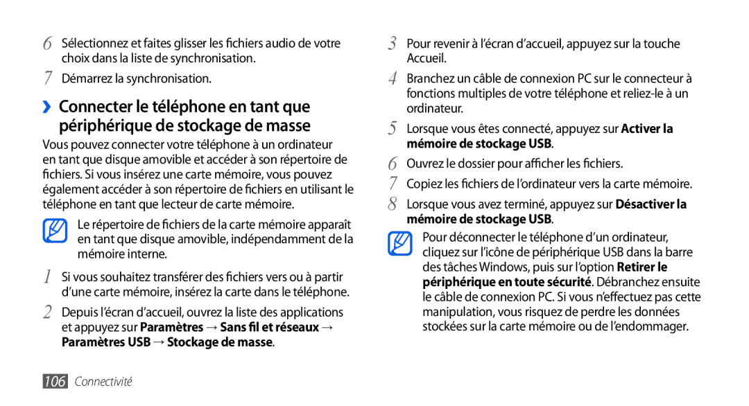 Samsung GT-I9000HKDNRJ manual Choix dans la liste de synchronisation, Démarrez la synchronisation, Mémoire de stockage USB 