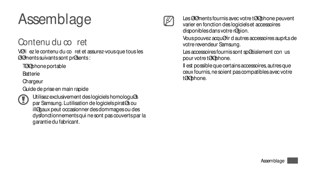 Samsung GT-I9000HKDSFR, GT-I9000HKYXEF, GT-I9000HKYNRJ, GT-I9000HKDFTM, GT-I9000RWYSFR manual Assemblage, Contenu du coffret 