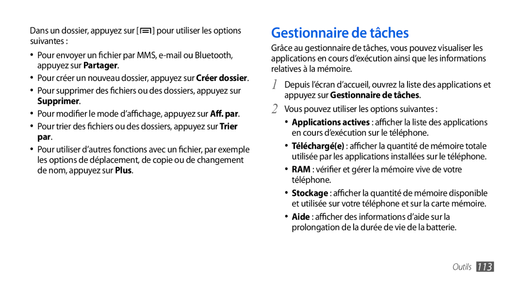 Samsung GT-I9000RWYXEF, GT-I9000HKYXEF, GT-I9000HKYNRJ Gestionnaire de tâches, Vous pouvez utiliser les options suivantes 