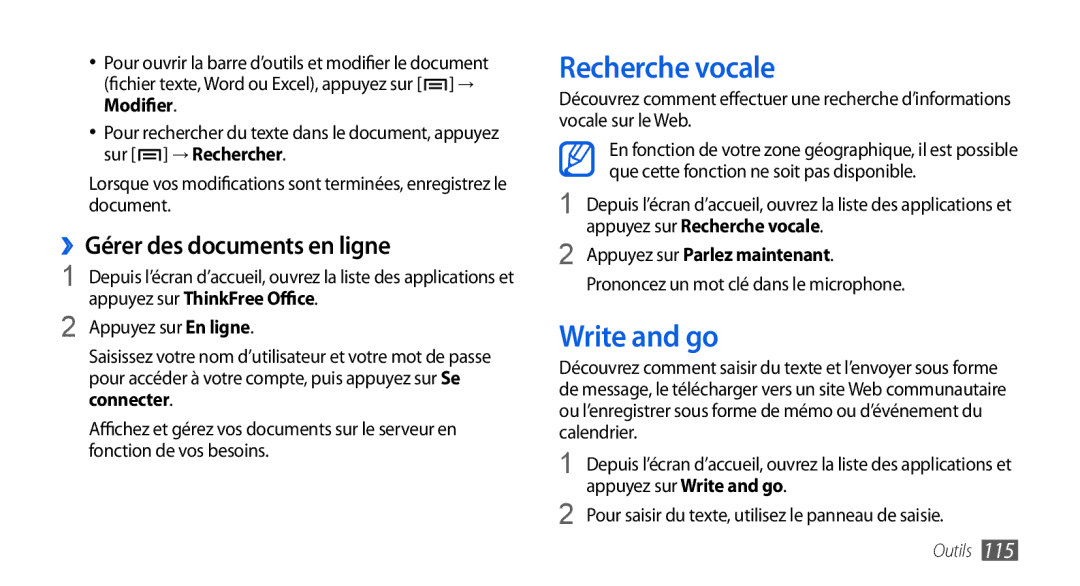 Samsung GT-I9000HKYLPM manual Recherche vocale, Write and go, ››Gérer des documents en ligne, Appuyez sur ThinkFree Office 