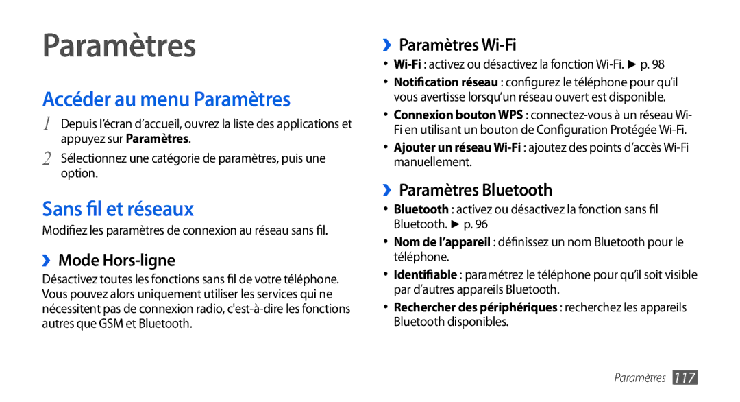 Samsung GT-I9000HKAXEF manual Accéder au menu Paramètres, Sans fil et réseaux, ››Mode Hors-ligne, ››Paramètres Wi-Fi 