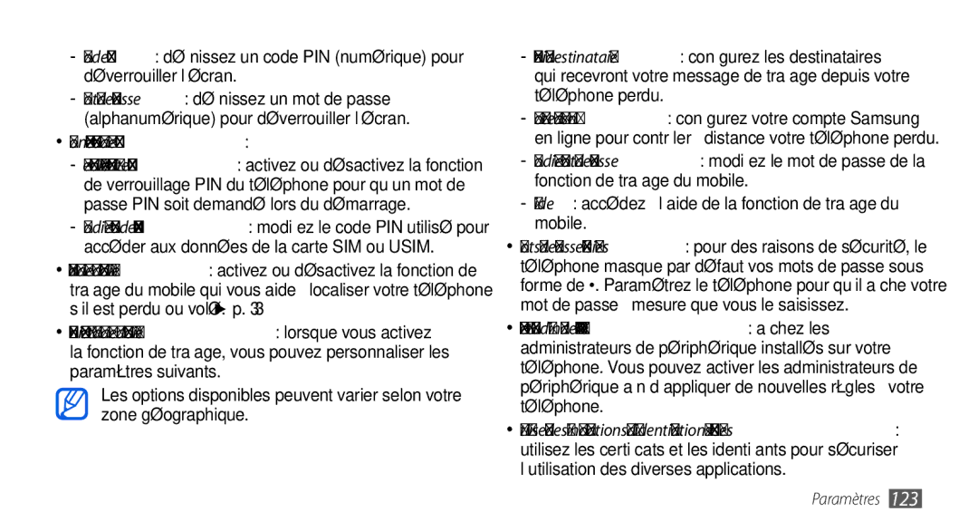 Samsung GT-I9000RWYSFR, GT-I9000HKYXEF Configurer blocage SIM, Aide accédez à l’aide de la fonction de traçage du mobile 