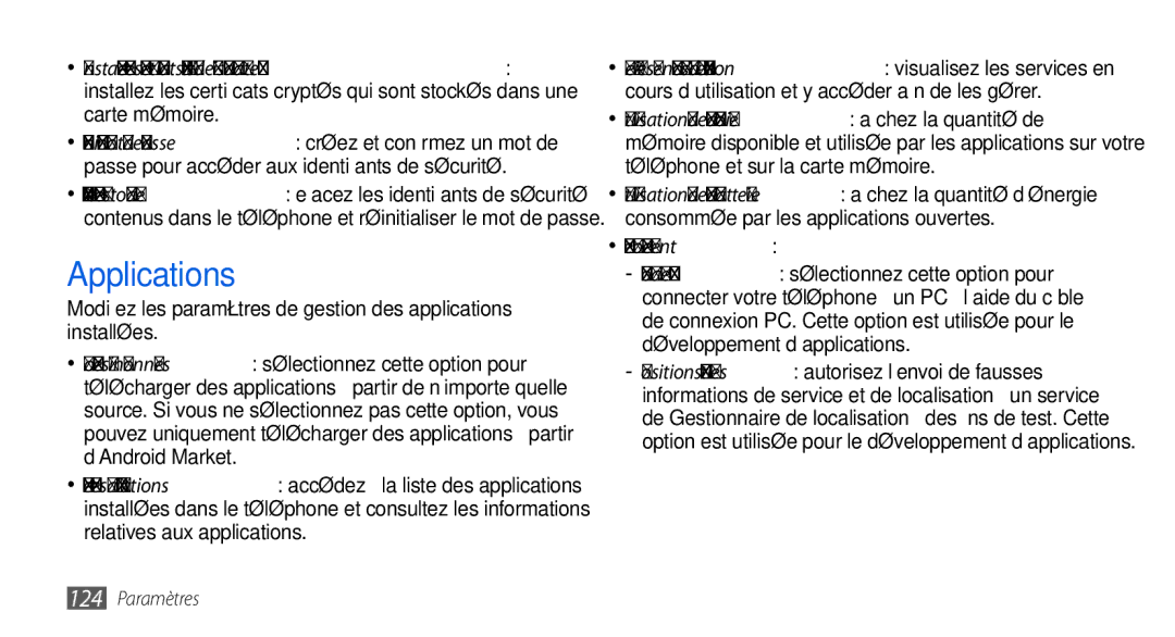 Samsung GT-I9000RWYBOG, GT-I9000HKYXEF, GT-I9000HKYNRJ, GT-I9000HKDFTM, GT-I9000RWYSFR manual Applications, Développement 