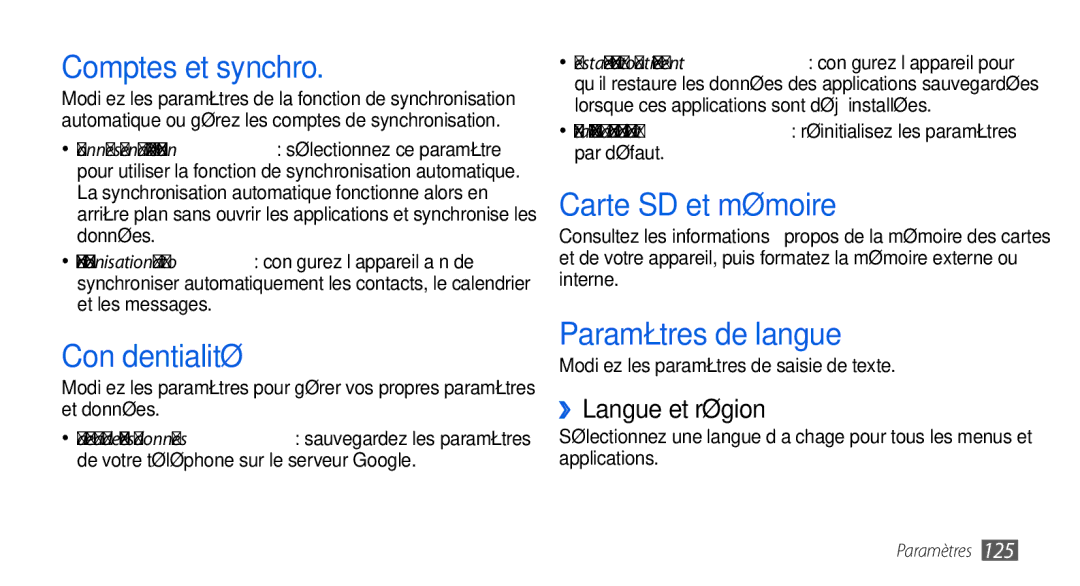 Samsung GT-I9000HKYBOG Comptes et synchro, Confidentialité, Carte SD et mémoire, Paramètres de langue, ››Langue et région 