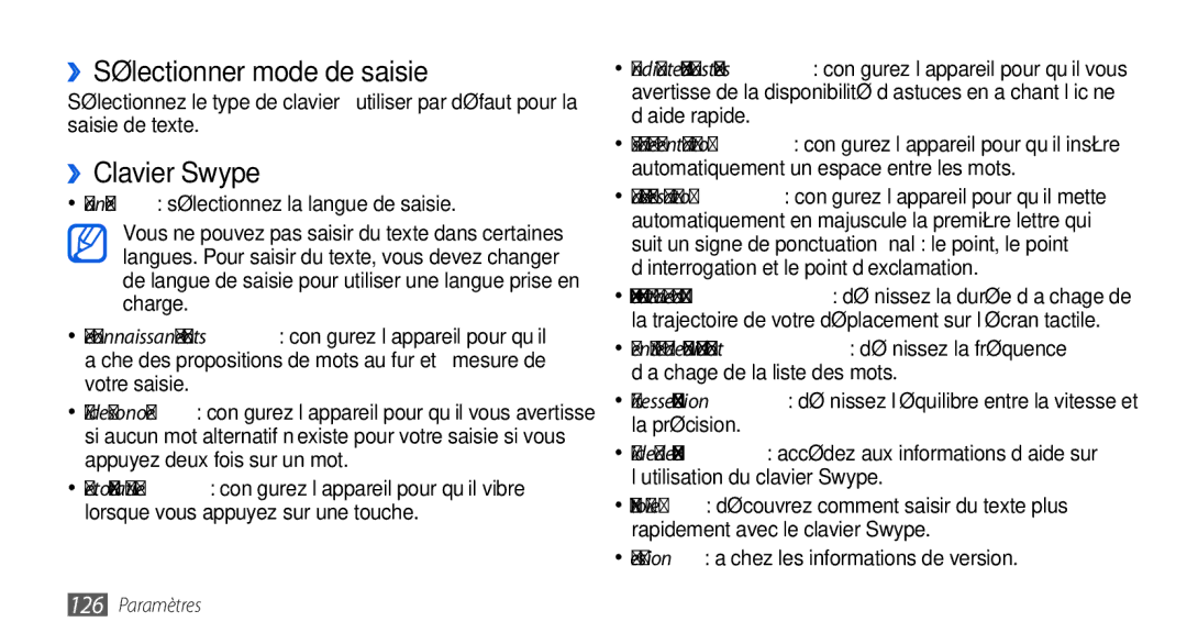 Samsung GT-I9000RWYVGF manual ››Sélectionner mode de saisie, ››Clavier Swype, Version affichez les informations de version 