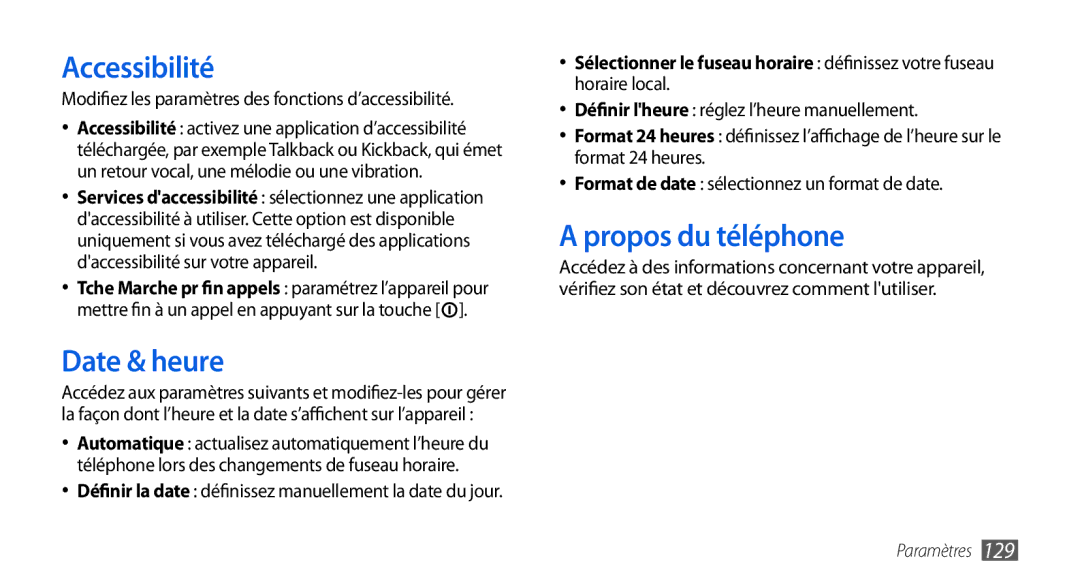 Samsung GT-I9000RWYFTM, GT-I9000HKYXEF, GT-I9000HKYNRJ, GT-I9000HKDFTM manual Accessibilité, Date & heure, Propos du téléphone 