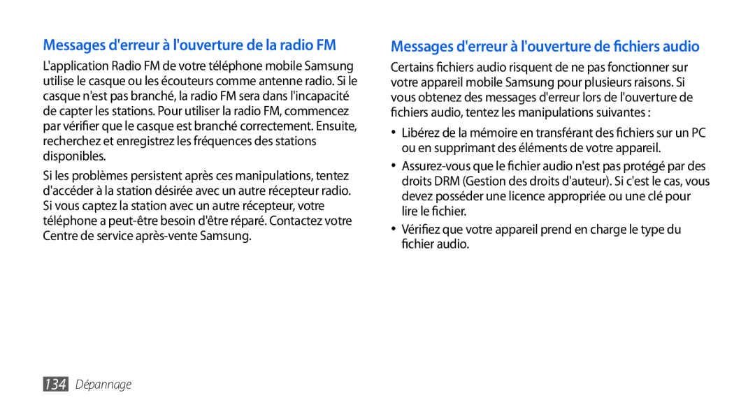 Samsung GT-I9000HKYSFR, GT-I9000HKYXEF, GT-I9000HKYNRJ, GT-I9000HKDFTM manual Messages derreur à louverture de la radio FM 