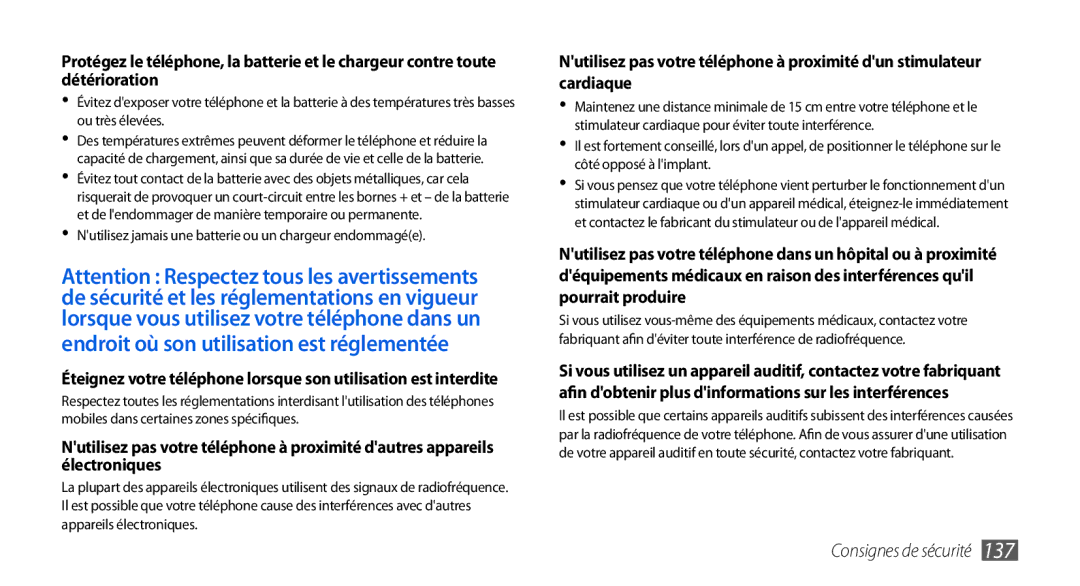 Samsung GT-I9000RWYXEF, GT-I9000HKYXEF, GT-I9000HKYNRJ manual Nutilisez jamais une batterie ou un chargeur endommagée 