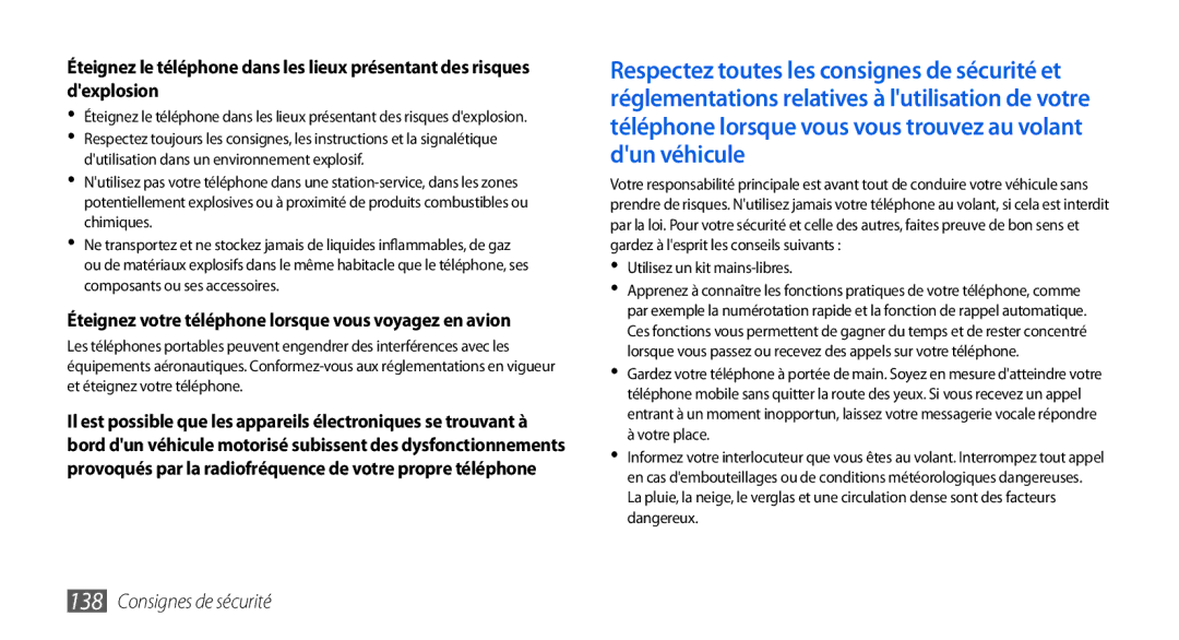 Samsung GT-I9000RWYNRJ, GT-I9000HKYXEF, GT-I9000HKYNRJ manual Éteignez votre téléphone lorsque vous voyagez en avion 