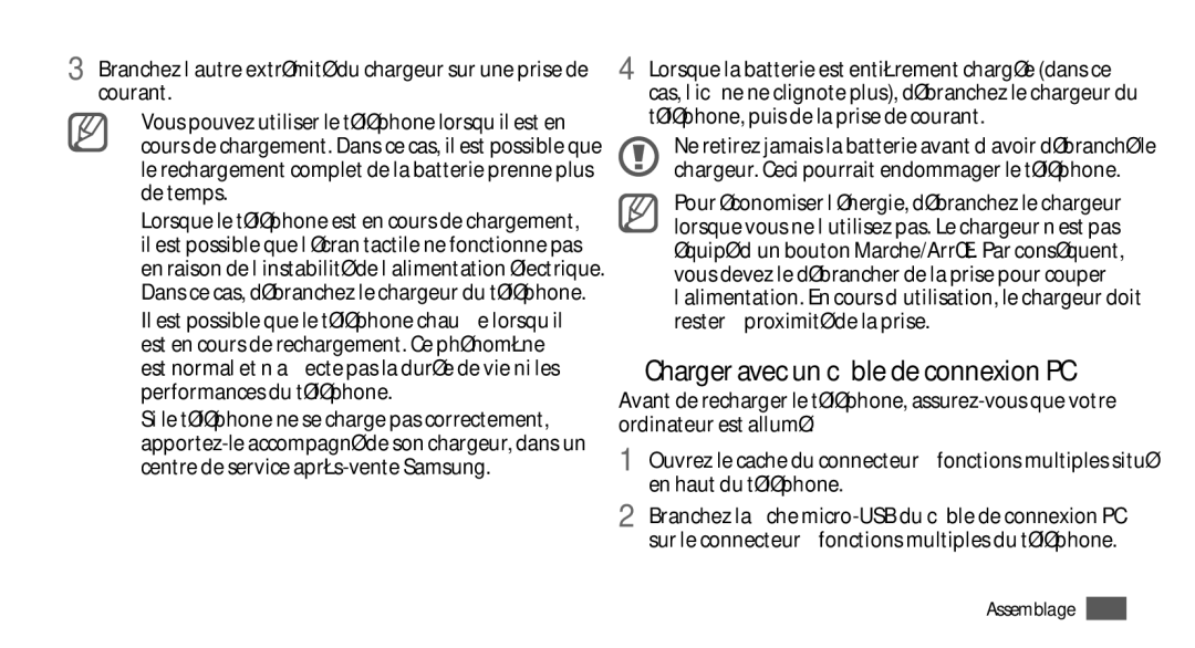 Samsung GT-I9000HKASFR, GT-I9000HKYXEF, GT-I9000HKYNRJ, GT-I9000HKDFTM manual ››Charger avec un câble de connexion PC 