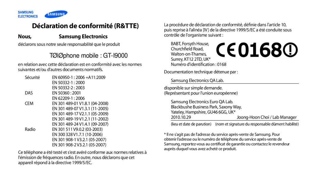 Samsung GT-I9000HKYFTM, GT-I9000HKYXEF, GT-I9000HKYNRJ, GT-I9000HKDFTM, GT-I9000RWYSFR Déclaration de conformité R&TTE, Nous 