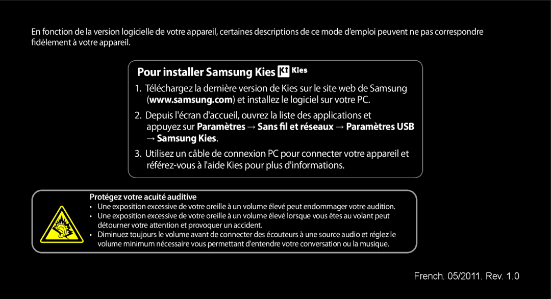 Samsung GT-I9000HKABOG, GT-I9000HKYXEF, GT-I9000HKYNRJ, GT-I9000HKDFTM, GT-I9000RWYSFR manual Pour installer Samsung Kies 