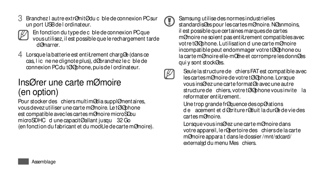 Samsung GT-I9000HKAFTM manual Insérer une carte mémoire en option, En fonction du fabricant et du modèle de carte mémoire 