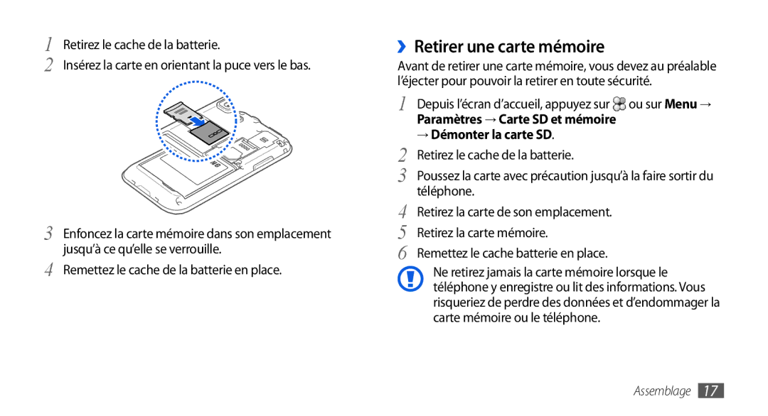 Samsung GT-I9000RWYXEF manual ››Retirer une carte mémoire, Paramètres → Carte SD et mémoire, → Démonter la carte SD 