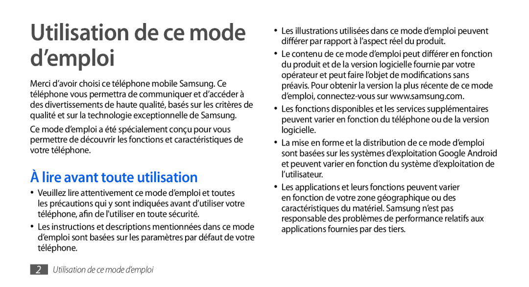 Samsung GT-I9000HKDFTM, GT-I9000HKYXEF, GT-I9000HKYNRJ manual Utilisation de ce mode d’emploi, Lire avant toute utilisation 