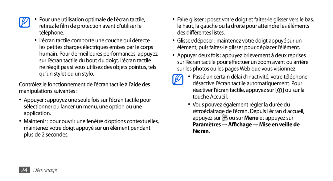 Samsung GT-I9000HKYXEF, GT-I9000HKYNRJ, GT-I9000HKDFTM, GT-I9000RWYSFR, GT-I9000RWYBOG, GT-I9000HKYBOG manual 24 Démarrage 