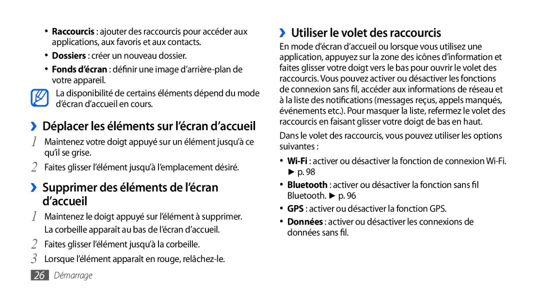 Samsung GT-I9000HKDFTM, GT-I9000HKYXEF ››Supprimer des éléments de l’écran d’accueil, ››Utiliser le volet des raccourcis 