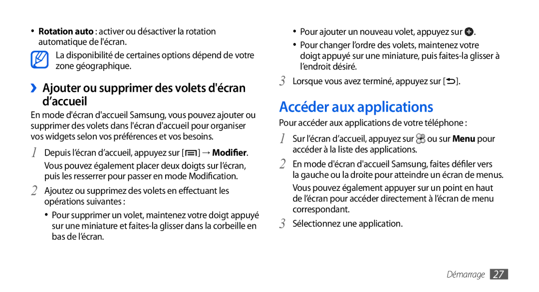 Samsung GT-I9000RWYSFR, GT-I9000HKYXEF manual Accéder aux applications, ››Ajouter ou supprimer des volets décran d’accueil 