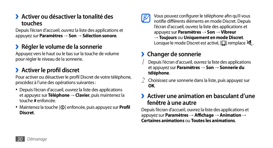 Samsung GT-I9000RWYVGF manual ››Activer ou désactiver la tonalité des touches, ››Régler le volume de la sonnerie, Téléphone 