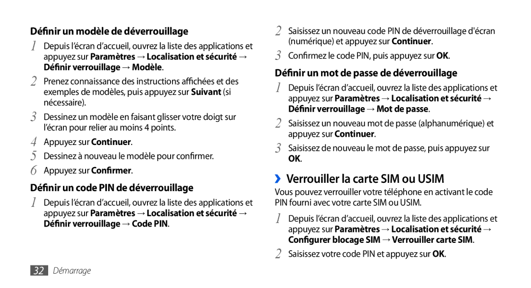 Samsung GT-I9000HKABOG ››Verrouiller la carte SIM ou Usim, Définir verrouillage → Modèle, Définir verrouillage → Code PIN 