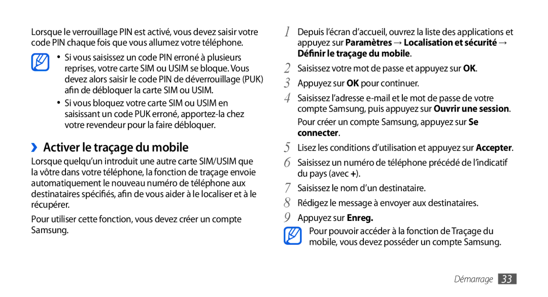 Samsung GT-I9000RWYFTM, GT-I9000HKYXEF manual ››Activer le traçage du mobile, Définir le traçage du mobile, Connecter 