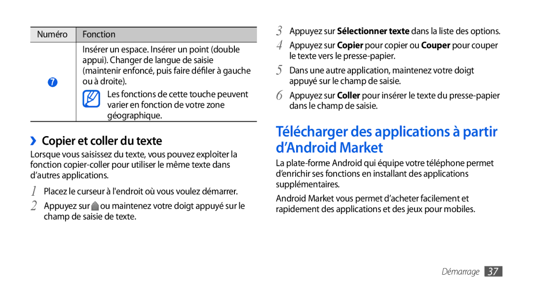 Samsung GT-I9000HKYVGF, GT-I9000HKYXEF Télécharger des applications à partir d’Android Market, ››Copier et coller du texte 