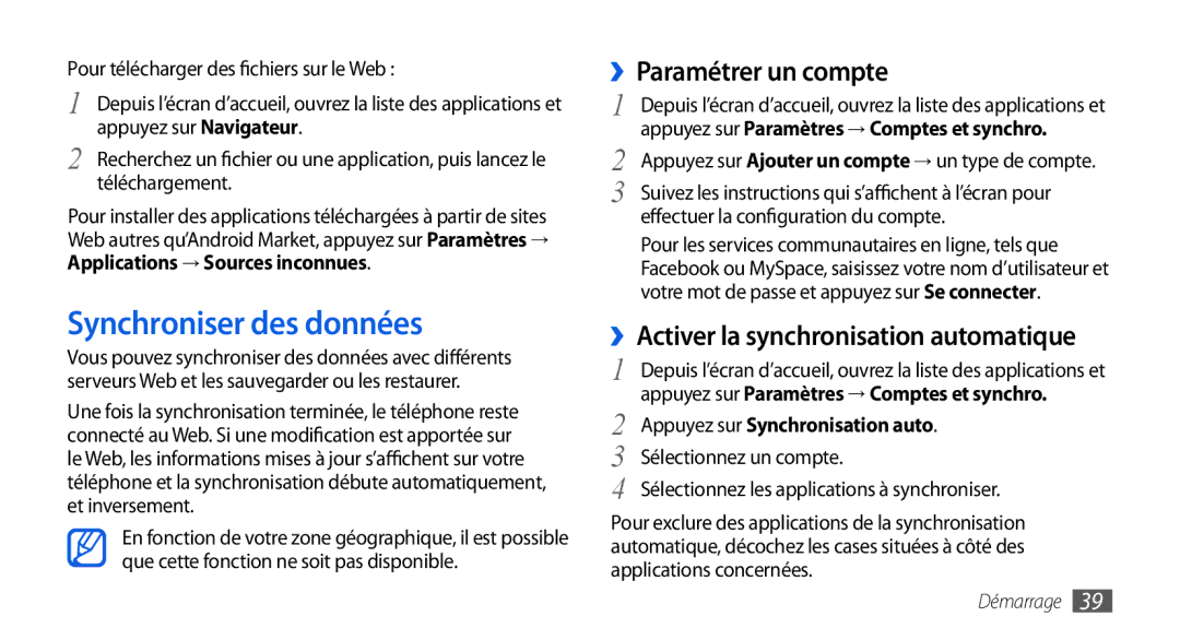 Samsung GT-I9000HKASFR manual Synchroniser des données, ››Paramétrer un compte, ››Activer la synchronisation automatique 