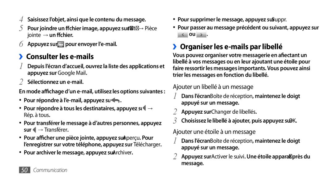 Samsung GT-I9000HKDFTM manual ››Consulter les e-mails, ››Organiser les e-mails par libellé, Appuyez sur Changer de libellés 