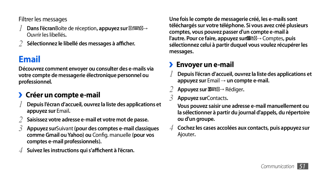 Samsung GT-I9000RWYSFR, GT-I9000HKYXEF, GT-I9000HKYNRJ, GT-I9000HKDFTM manual ››Créer un compte e-mail, Ouvrir les libellés 