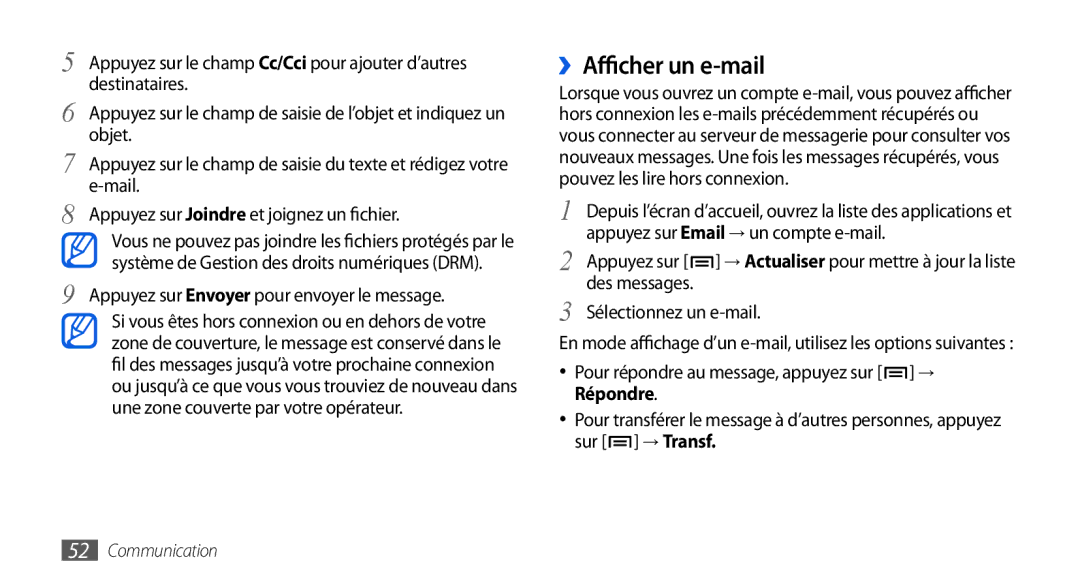 Samsung GT-I9000RWYBOG, GT-I9000HKYXEF, GT-I9000HKYNRJ ››Afficher un e-mail, Appuyez sur Envoyer pour envoyer le message 