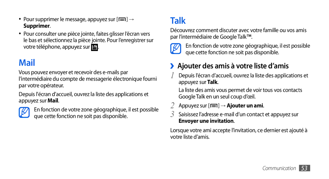 Samsung GT-I9000HKYBOG, GT-I9000HKYXEF manual Mail, Talk, ››Ajouter des amis à votre liste d’amis, Envoyer une invitation 