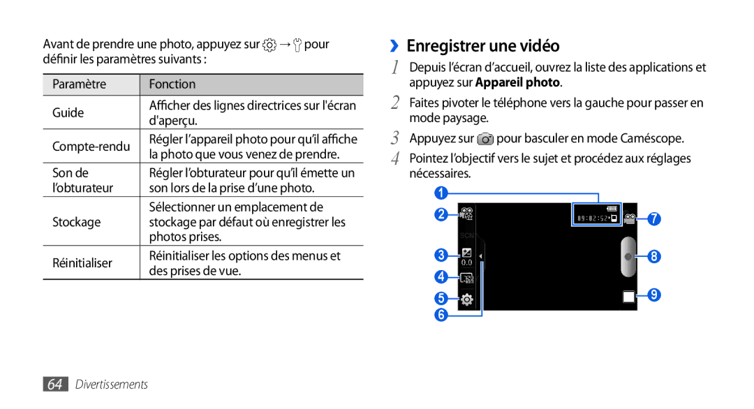 Samsung GT-I9000HKAFTM, GT-I9000HKYXEF, GT-I9000HKYNRJ, GT-I9000HKDFTM, GT-I9000RWYSFR, GT-I9000RWYBOG ››Enregistrer une vidéo 