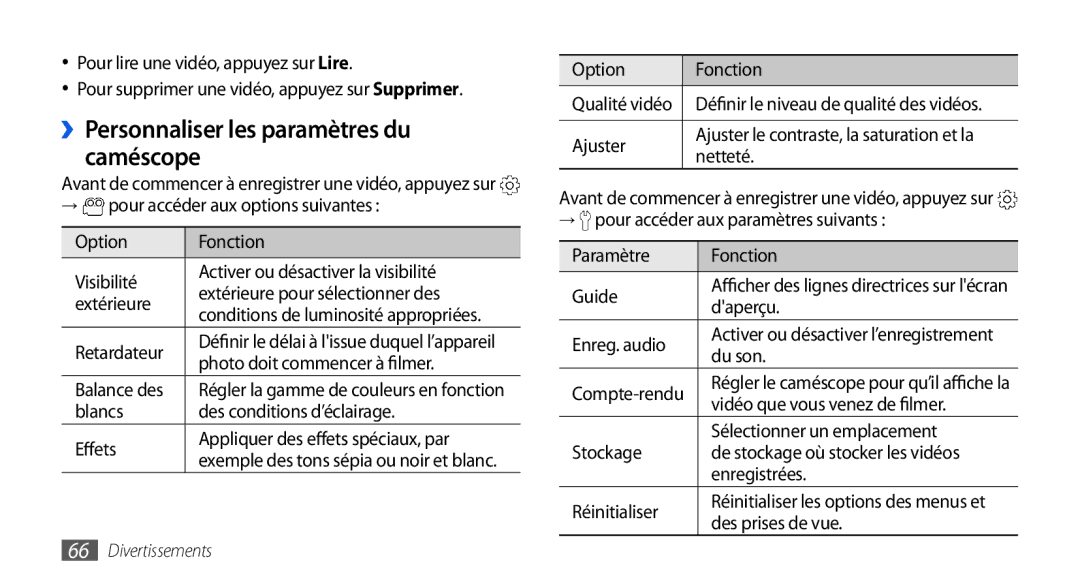 Samsung GT-I9000RWYNRJ, GT-I9000HKYXEF, GT-I9000HKYNRJ, GT-I9000HKDFTM manual ››Personnaliser les paramètres du caméscope 