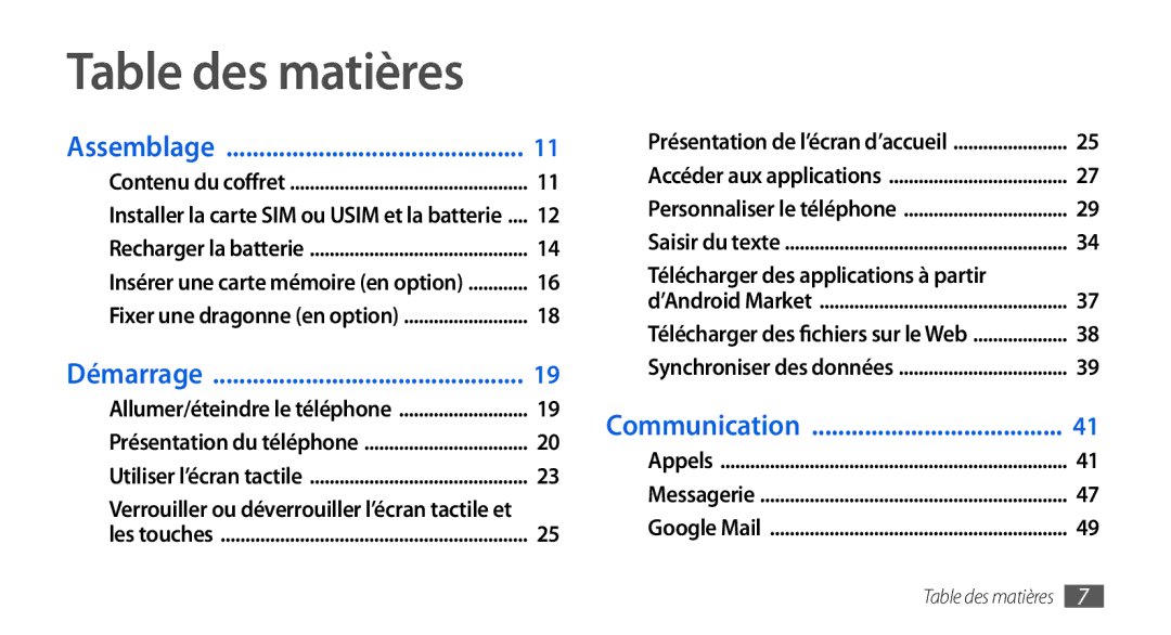 Samsung GT-I9000HKYFTM, GT-I9000HKYXEF, GT-I9000HKYNRJ manual Table des matières, Télécharger des applications à partir 