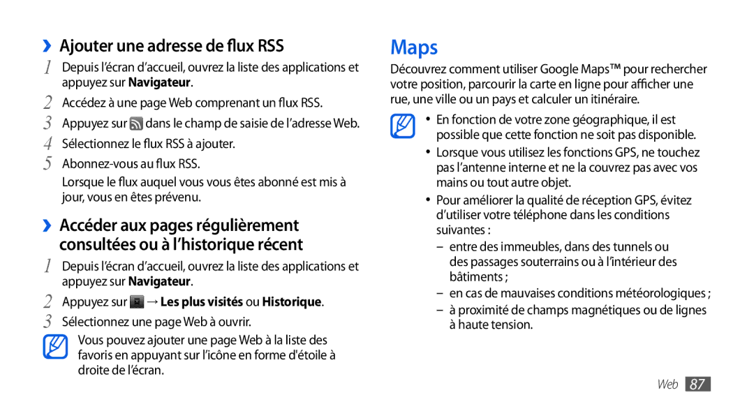 Samsung GT-I9000HKASFR, GT-I9000HKYXEF, GT-I9000HKYNRJ, GT-I9000HKDFTM manual Maps, ››Ajouter une adresse de flux RSS 