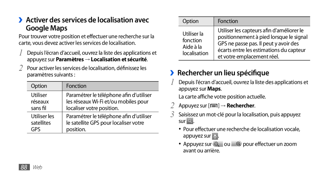 Samsung GT-I9000HKAFTM manual Google Maps, ››Rechercher un lieu spécifique, ››Activer des services de localisation avec 