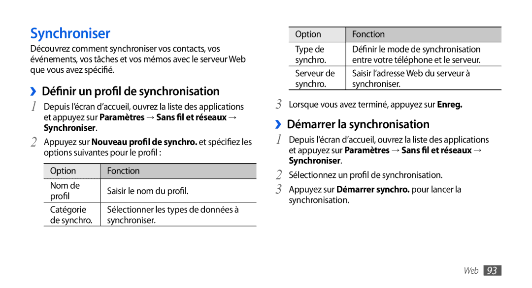 Samsung GT-I9000HKAXEF, GT-I9000HKYXEF, GT-I9000HKYNRJ, GT-I9000HKDFTM Synchroniser, ››Définir un profil de synchronisation 