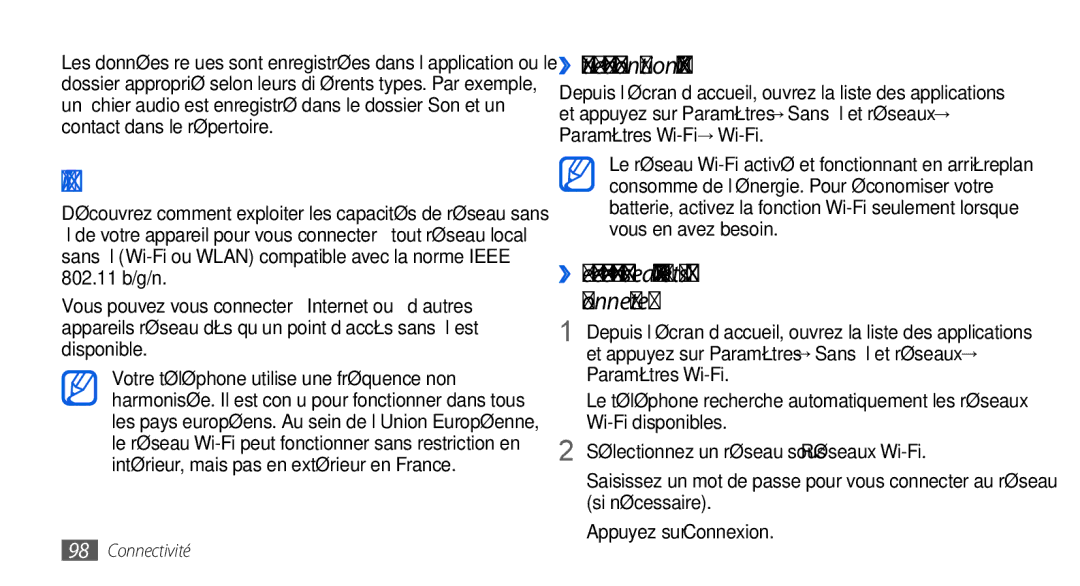 Samsung GT-I9000HKDFTM ››Activer la fonction Wi-Fi, ››Rechercher un réseau Wi-Fi et s’y connecter, Wi-Fi disponibles 