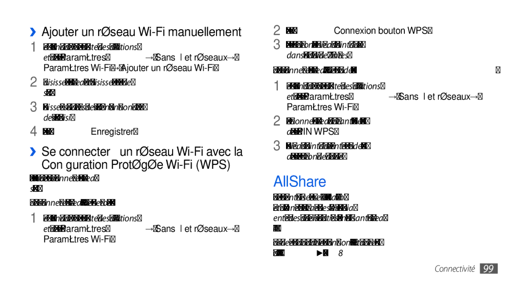 Samsung GT-I9000RWYSFR, GT-I9000HKYXEF AllShare, Configuration Protégée Wi-Fi WPS, ››Ajouter un réseau Wi-Fi manuellement 