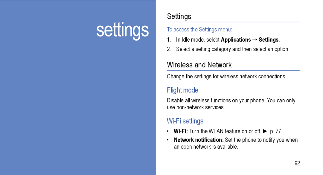 Samsung GT-I9000M user manual Wireless and Network, Flight mode, Wi-Fi settings, To access the Settings menu 