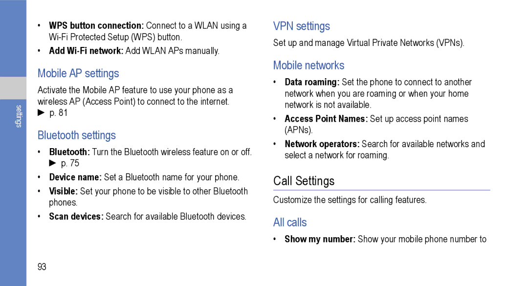 Samsung GT-I9000M user manual Call Settings 