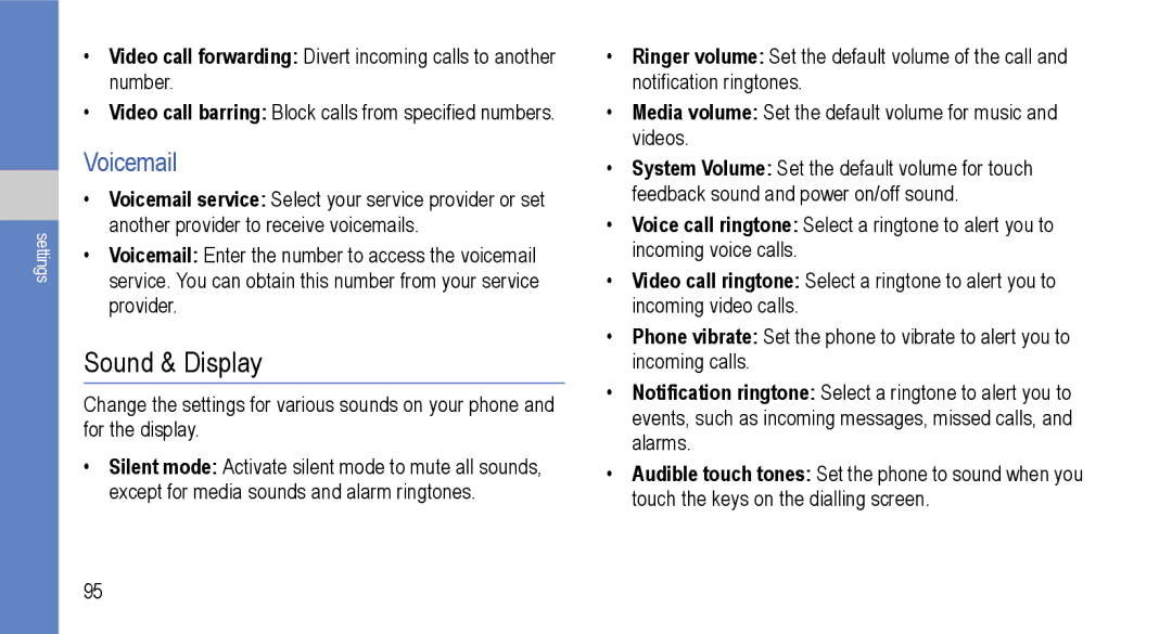 Samsung GT-I9000M user manual Sound & Display, Voicemail 