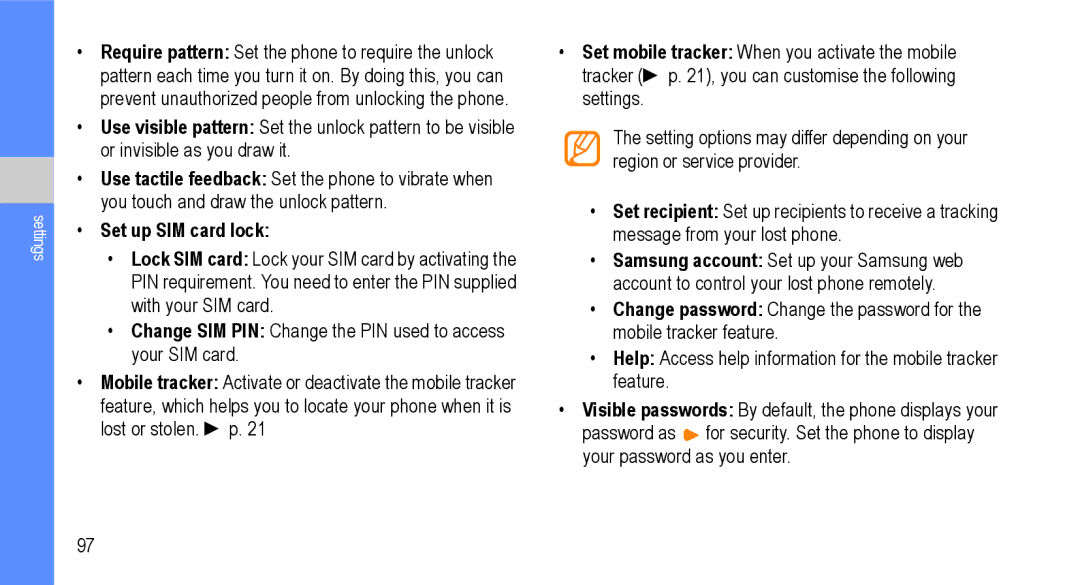 Samsung GT-I9000M user manual Set up SIM card lock 