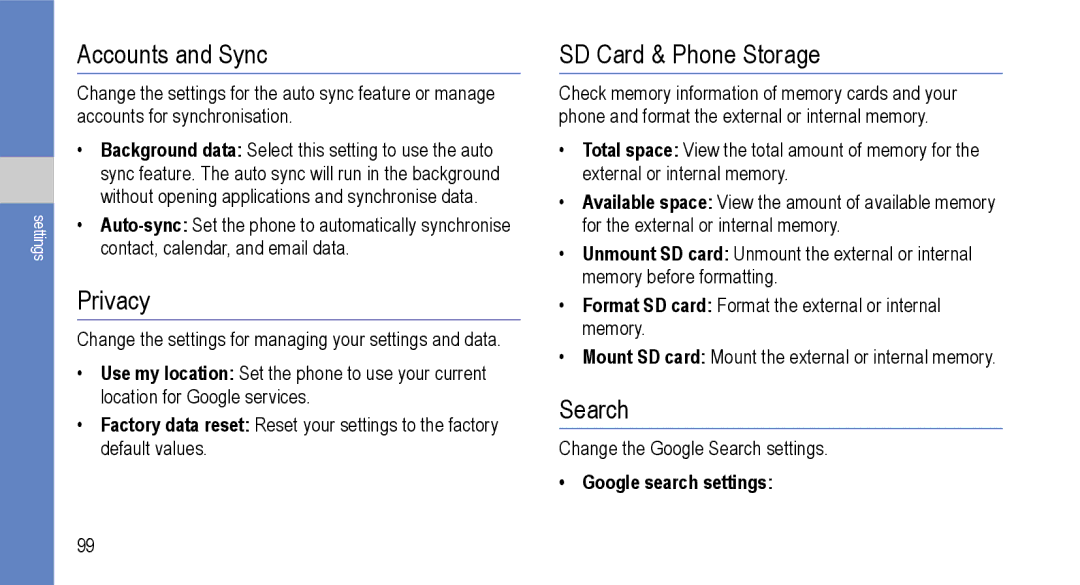 Samsung GT-I9000M user manual Accounts and Sync, Privacy, SD Card & Phone Storage, Search, Google search settings 