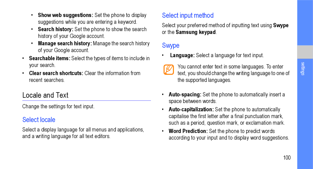 Samsung GT-I9000M user manual Locale and Text, Select locale, Select input method, Swype 